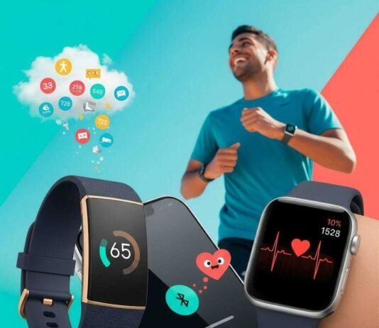 Fitbit vs Apple Watch: Which Wearable Tracks Health Better? "Fitness wearables syncing health data, a runner, and quirky health motifs."