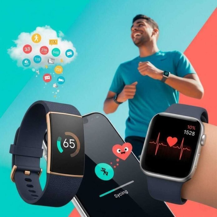 "Fitness wearables syncing health data, a runner, and quirky health motifs."