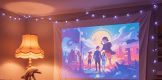 How to Create a Home Theater Setup for Less Than $500 A person watches a movie projected on a wrinkled sheet in a cozy, cluttered room.