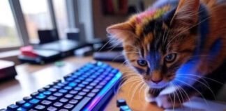 The Ultimate Guide to Mechanical Keyboards for Typing Addicts RGB-lit mechanical keyboard on messy desk, cat knocks keycap, vibrant colors.