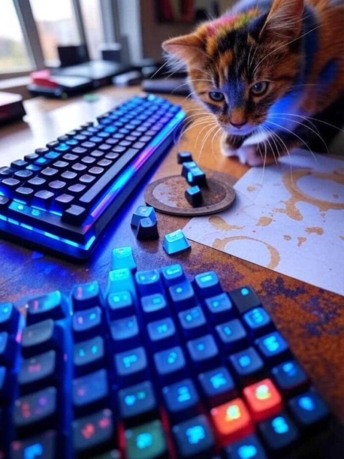 RGB-lit mechanical keyboard on messy desk, cat knocks keycap, vibrant colors.