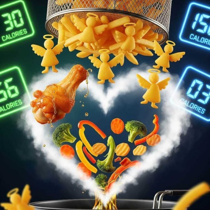 Guilt-free air-fried angels, escaping wing, and heart-shaped healthy veggies.