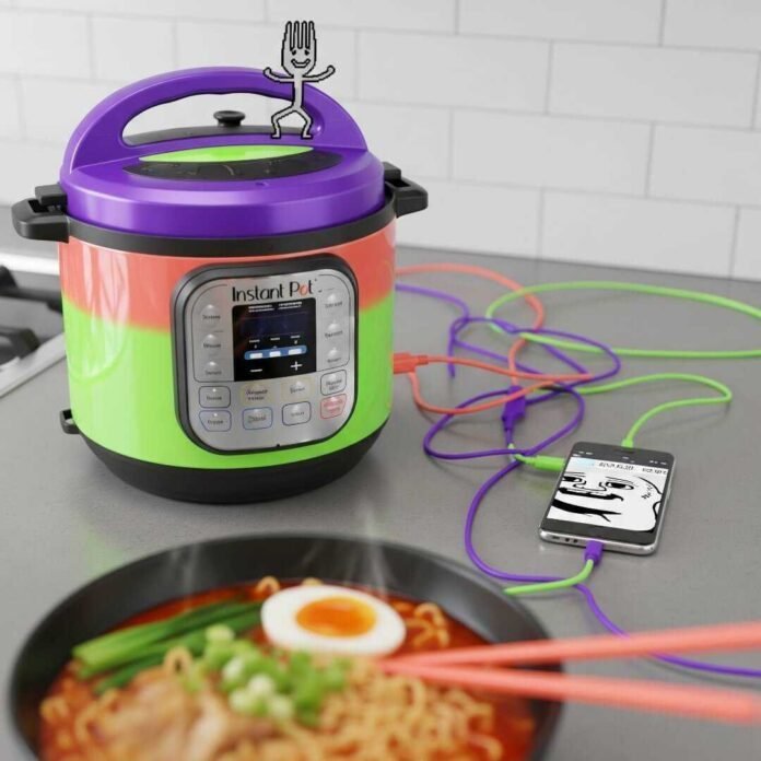 Instant Pot, tangled cables, smartphone, ramen, and a dancing pixelated fork.