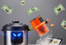 Must-Have Smart Kitchen Tools That Save Time and Money A messy kitchen with a glowing pressure cooker, a flying chopper, and flour.