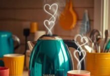The Electric Kettle That Boils in Under 2 Minutes (Review) A teal kettle steams heart-shaped puffs next to a "Tea Fixes All" mug.