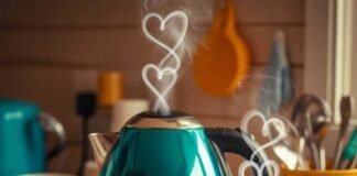 The Electric Kettle That Boils in Under 2 Minutes (Review) A teal kettle steams heart-shaped puffs next to a "Tea Fixes All" mug.
