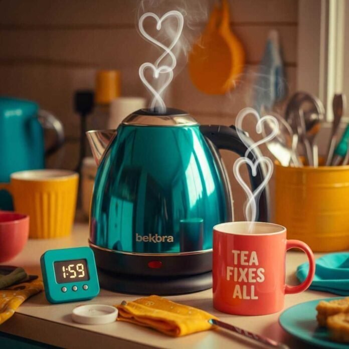A teal kettle steams heart-shaped puffs next to a "Tea Fixes All" mug.