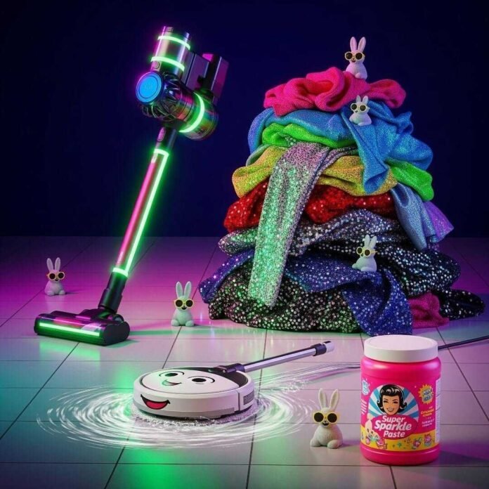Neon vacuum, sparkly laundry, goofy mop, and sunglass-wearing dust bunnies.