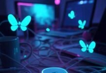 Must-Have USB-C Hubs That Instantly Upgrade Your Laptop Chaotic desk with glowing USB-C hub, tangled cables, spilling coffee, neon fireflies.