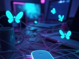 Must-Have USB-C Hubs That Instantly Upgrade Your Laptop Chaotic desk with glowing USB-C hub, tangled cables, spilling coffee, neon fireflies.