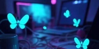 Must-Have USB-C Hubs That Instantly Upgrade Your Laptop Chaotic desk with glowing USB-C hub, tangled cables, spilling coffee, neon fireflies.