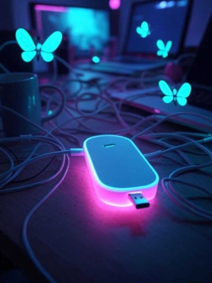 Chaotic desk with glowing USB-C hub, tangled cables, spilling coffee, neon fireflies.