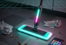 Top 5 Mops with Tech Features You Didn’t Expect Futuristic mop and cleaning app with a coffee spill on a messy floor.