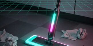 Top 5 Mops with Tech Features You Didn’t Expect Futuristic mop and cleaning app with a coffee spill on a messy floor.