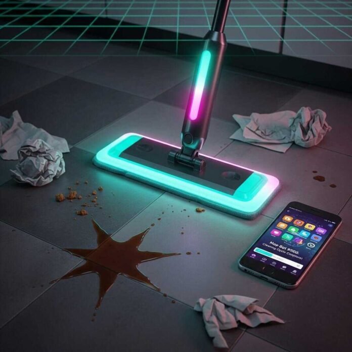 Futuristic mop and cleaning app with a coffee spill on a messy floor.