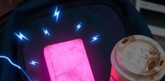 Best Portable Chargers for iPhone, Android & More Scuffed charger glowing in messy backpack, coffee cup, USB-C heart.
