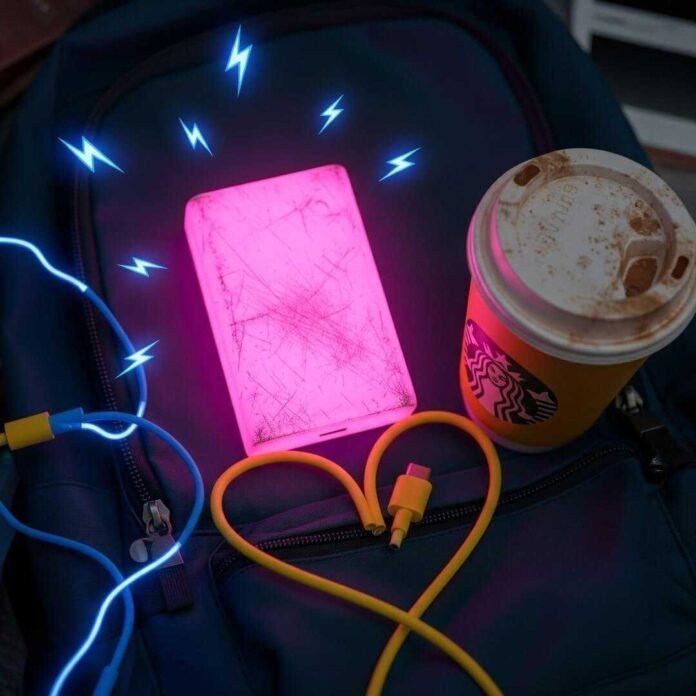 Scuffed charger glowing in messy backpack, coffee cup, USB-C heart.