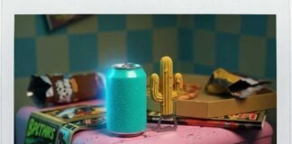 Mini Fridges That Fit Anywhere (And Keep Your Drinks Cold) Retro mini-fridge in a messy room with a neon soda and cactus opener.