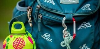 Collapsible Water Bottles for Eco-Conscious Travelers A beat-up backpack with a mango-print water bottle and a crumpled trail map.