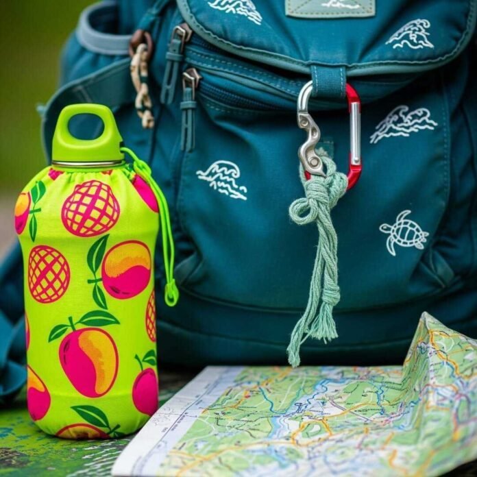 A beat-up backpack with a mango-print water bottle and a crumpled trail map.