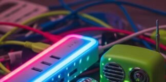 25 Tech Gadgets Under $25 That Are Blowing Up on Amazon A pile of tech gadgets, colorful cables, and a tiny disco ball.