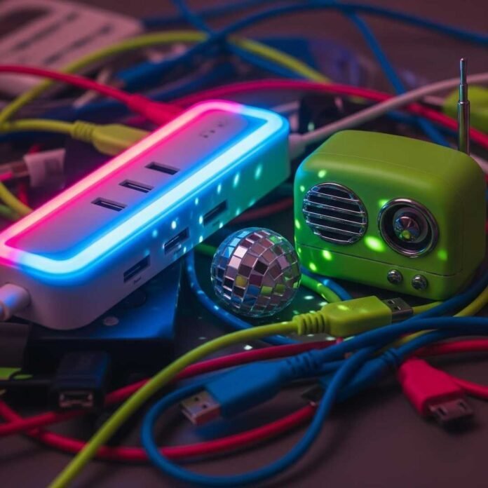 A pile of tech gadgets, colorful cables, and a tiny disco ball.