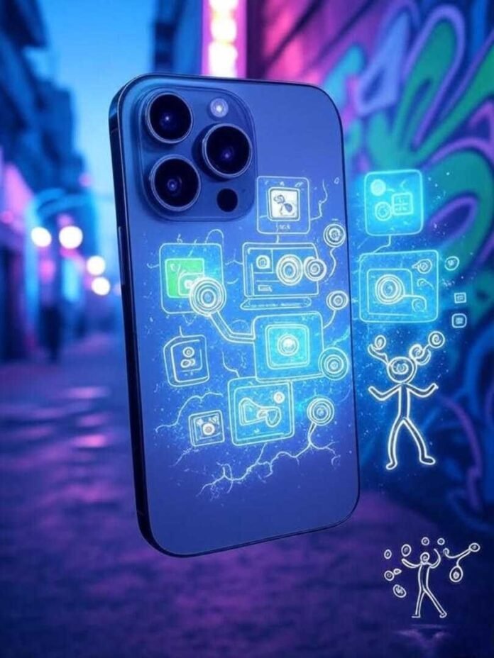 Sleek iPhone 16 Pro floats over neon graffiti, juggling holographic apps with tech stick figure.