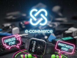 Why These Tech Products Are Always in Amazon’s Top 10 A cluttered desk with gadgets, neon lights, and a smartwatch.