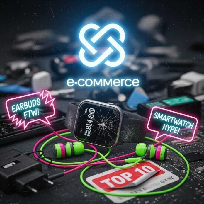 A cluttered desk with gadgets, neon lights, and a smartwatch.