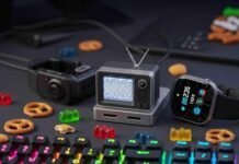 Smart, Cool, and Cheap: Best Gadgets for Tech Lovers on a Budget A cluttered desk with gadgets, a neon keyboard, and scattered snacks.