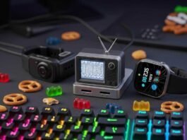 Smart, Cool, and Cheap: Best Gadgets for Tech Lovers on a Budget A cluttered desk with gadgets, a neon keyboard, and scattered snacks.