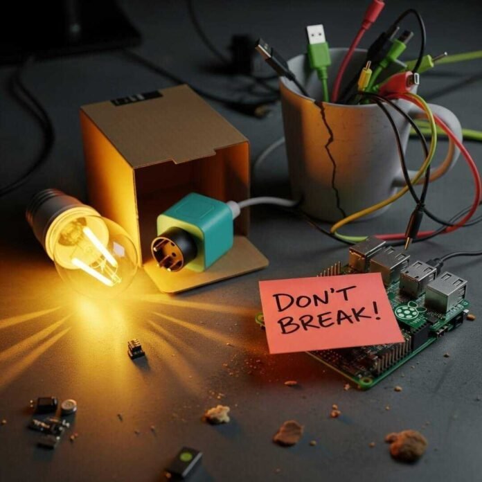 A cluttered desk with gadgets, a smart plug, and a sticky note.